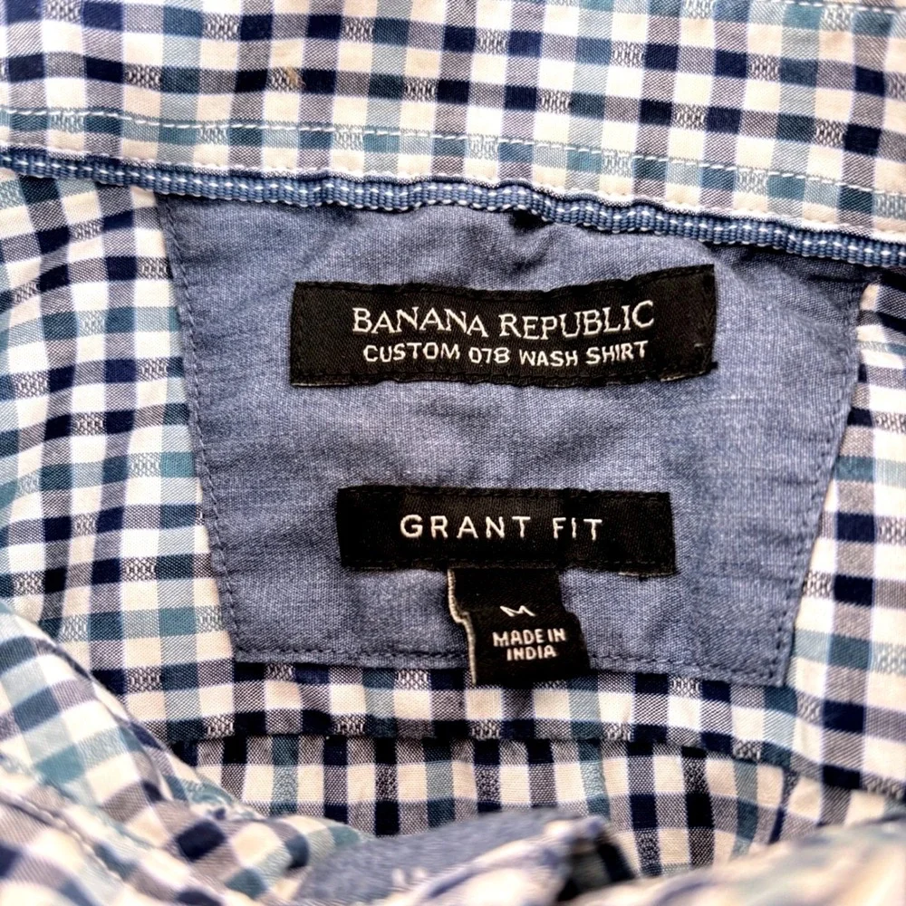 Banana Republic Button Down Shirt Blue White Gingham Grant Fit Custom 078 Wash M
